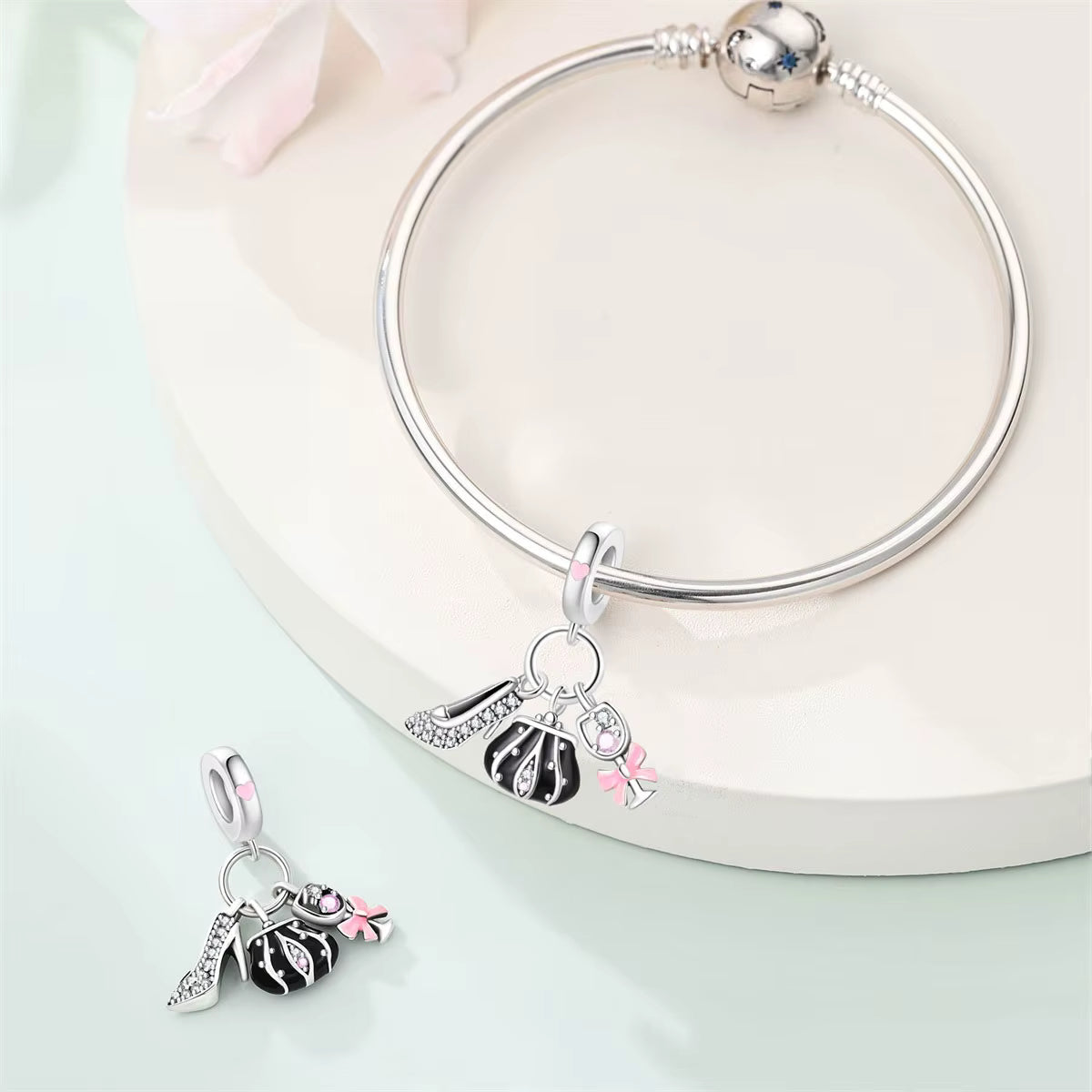 Fashion Handbag, Heel & Champagne Glass Detailed Dangle Charm