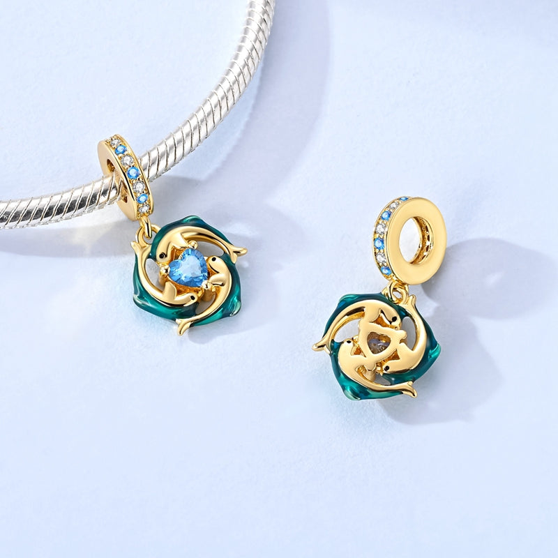 Gold Blue Dolphins with Heart Ocean Sparkle Dangle Charm