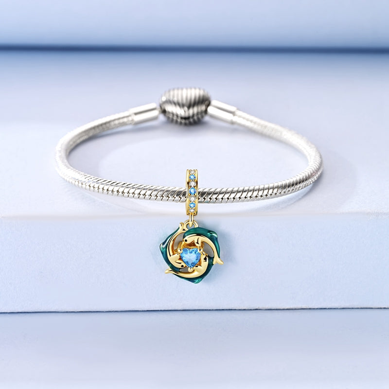 Gold Blue Dolphins with Heart Ocean Sparkle Dangle Charm