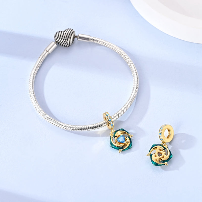 Gold Blue Dolphins with Heart Ocean Sparkle Dangle Charm