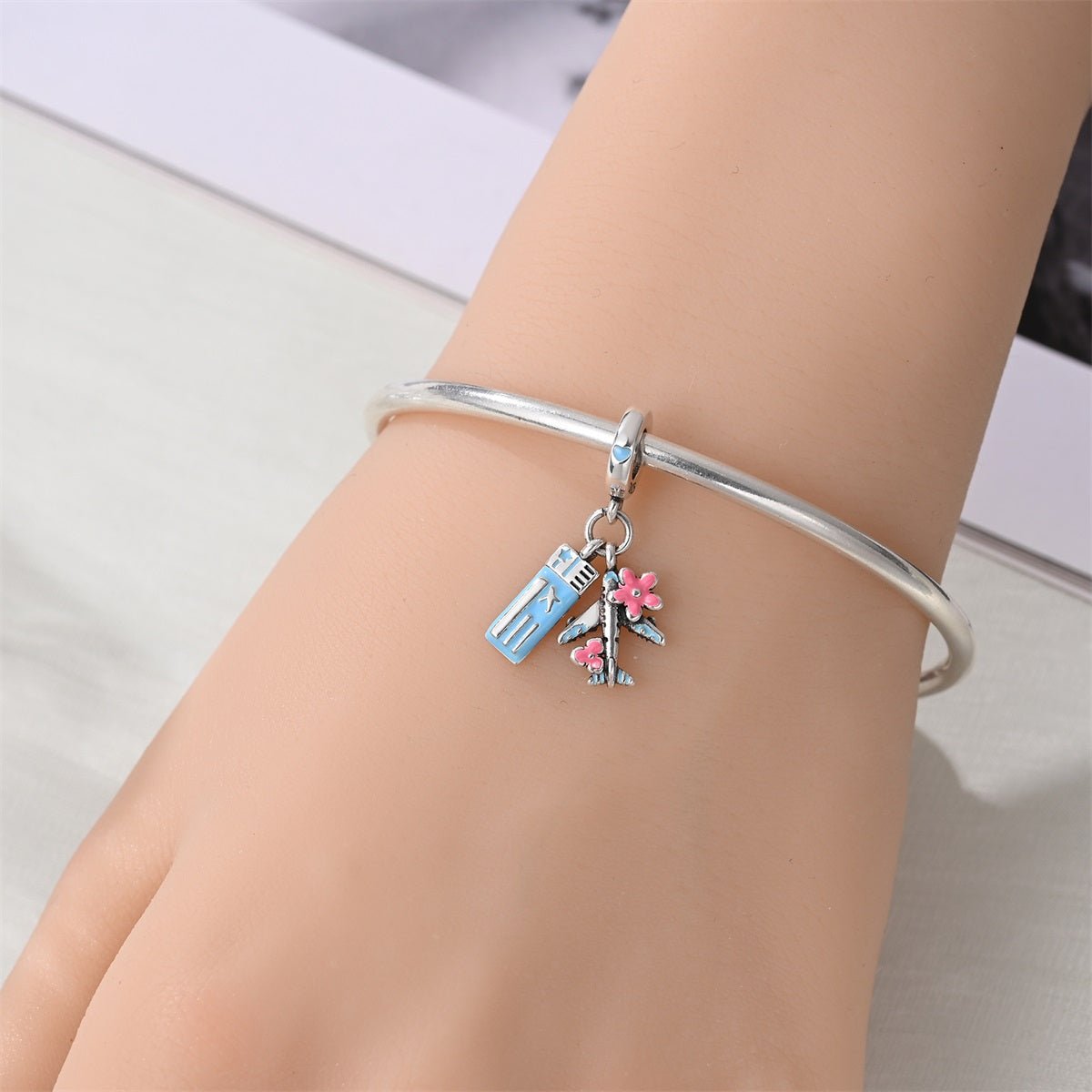 Amarante Jewelry Airplane with Ticket & Flowers Dangle Charm