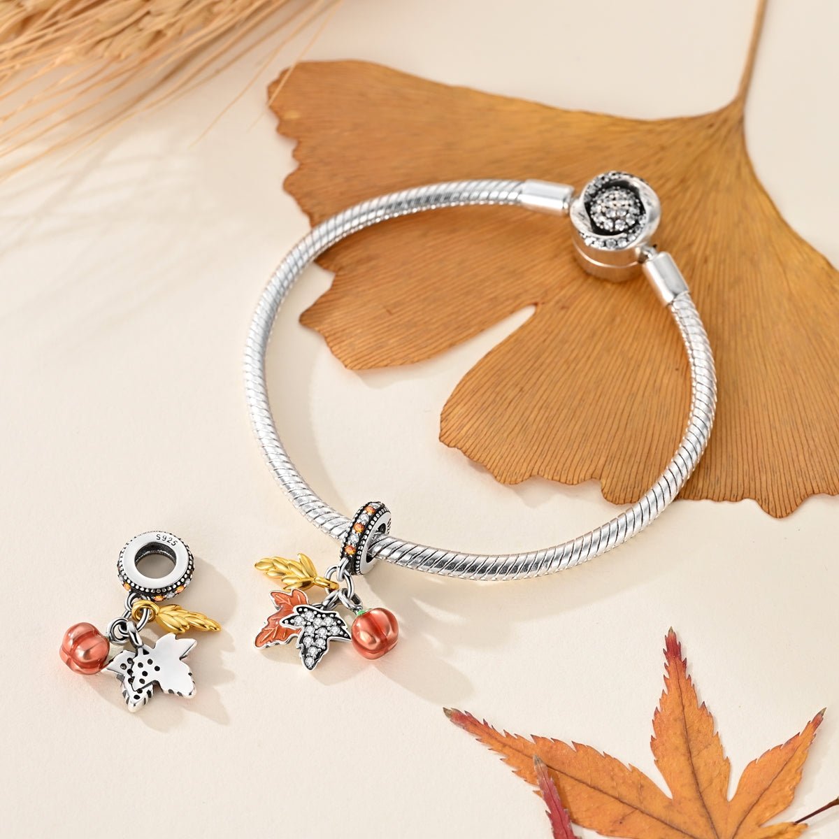Amarante Jewelry Autumn Harvest Pumpkin & Leaves Dangle Charm