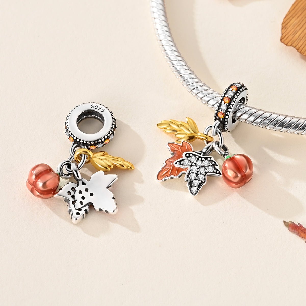 Amarante Jewelry Autumn Harvest Pumpkin & Leaves Dangle Charm