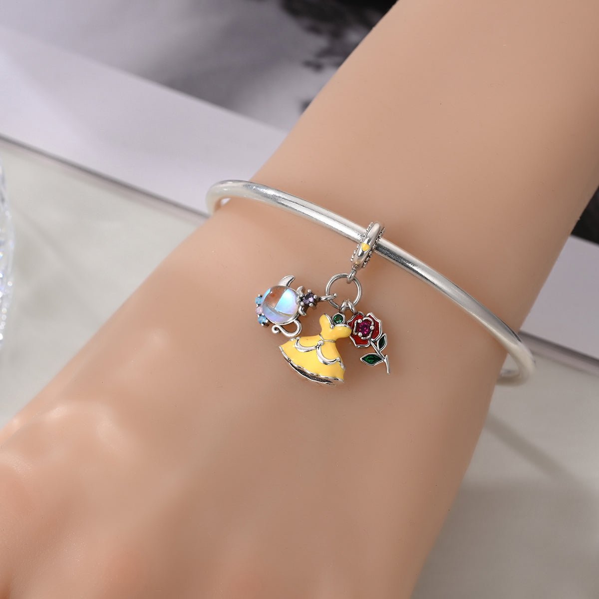 Amarante Jewelry Belle with Yellow Dress, Rose, & Teapot Dangle Charm