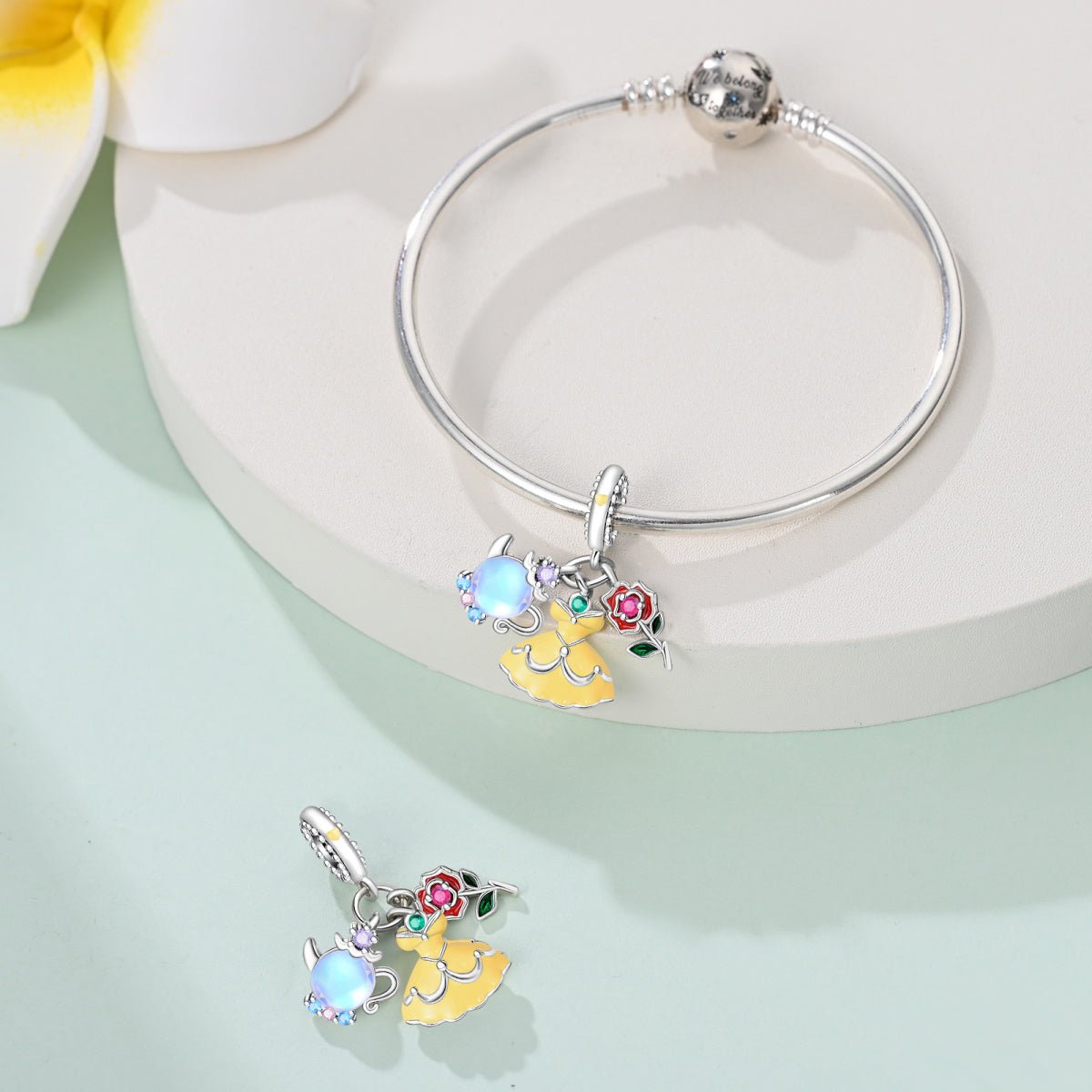 Amarante Jewelry Belle with Yellow Dress, Rose, & Teapot Dangle Charm
