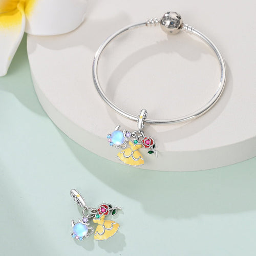 Amarante Jewelry Belle with Yellow Dress, Rose, & Teapot Dangle Charm