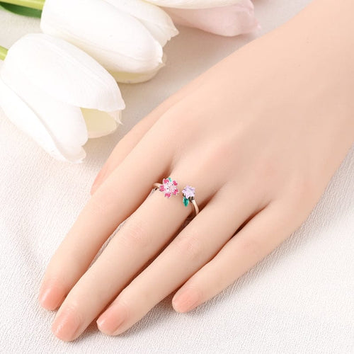 Amarante Jewelry Blooming Pink Flower and Star Crystal Ring