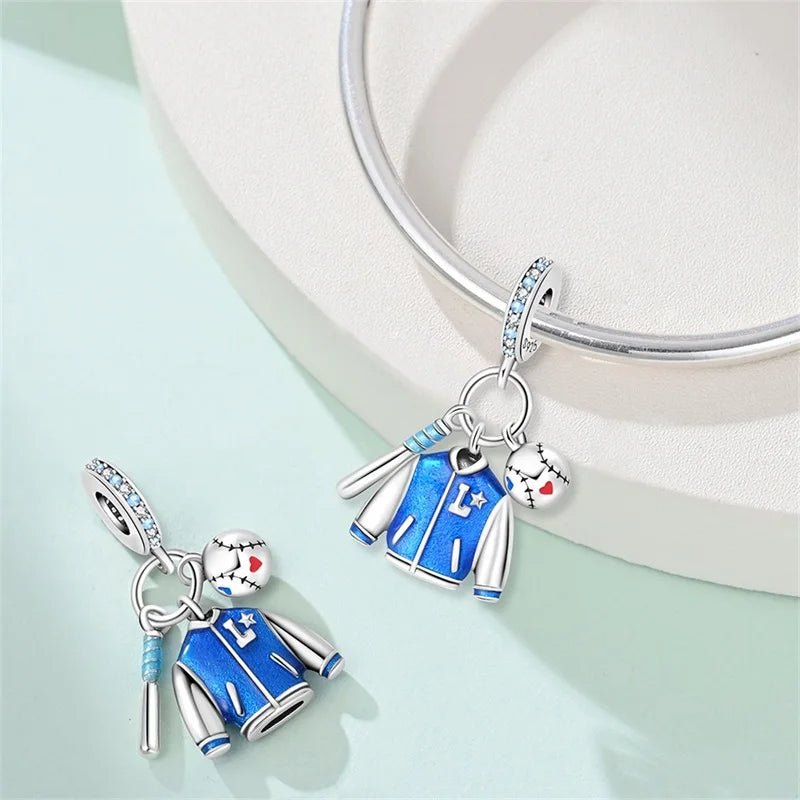 Amarante Jewelry Blue Baseball Jacket, Bat & Ball Dangle Charm