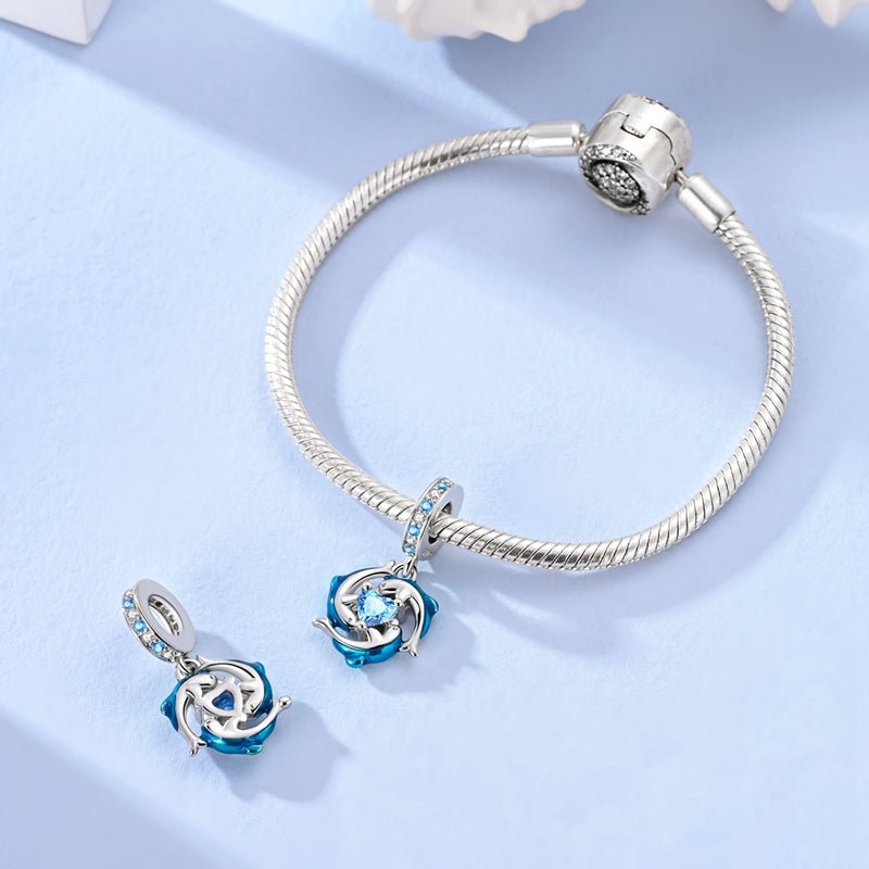 Amarante Jewelry Blue Dolphins with Heart Ocean Sparkle Dangle Charm