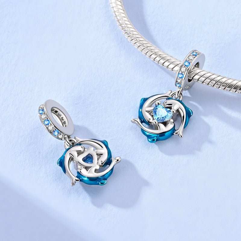 Amarante Jewelry Blue Dolphins with Heart Ocean Sparkle Dangle Charm