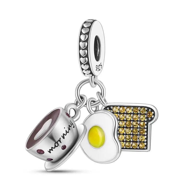Amarante Jewelry Breakfast Morning Coffee Fried Egg Toast Dangle Charm