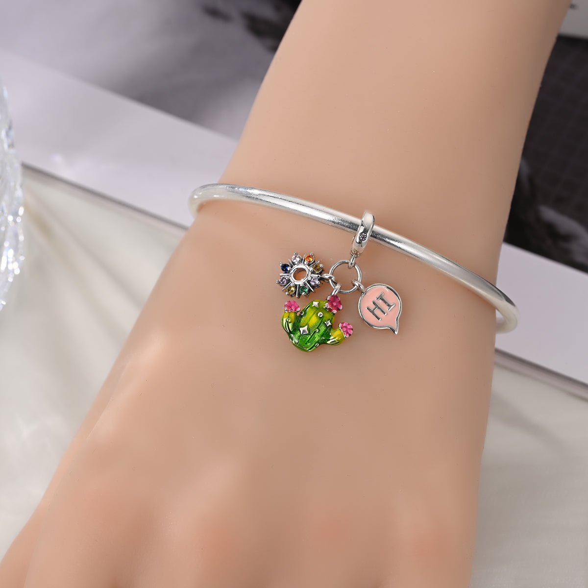 Amarante Jewelry Cactus with Rainbow Flowers & "Hi" Speech Bubble Dangle Charm
