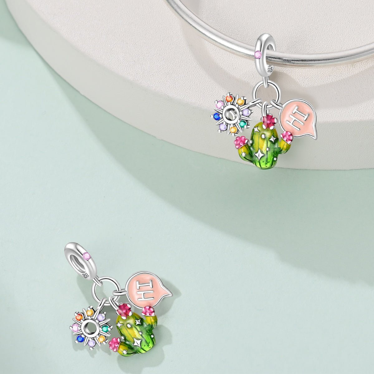 Amarante Jewelry Cactus with Rainbow Flowers & "Hi" Speech Bubble Dangle Charm