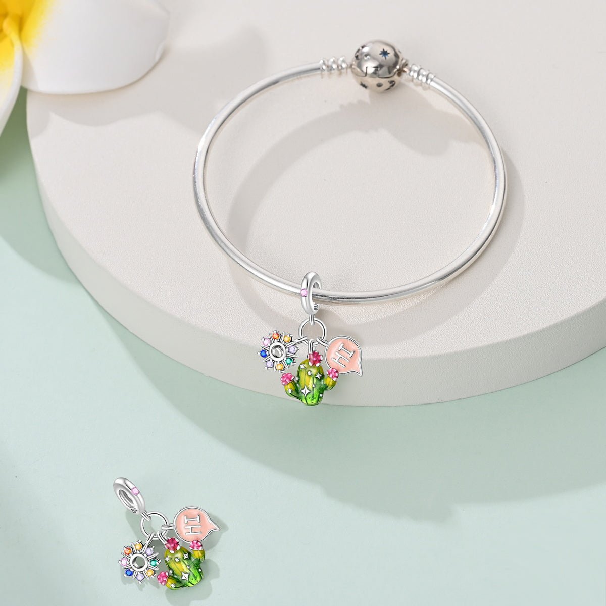 Amarante Jewelry Cactus with Rainbow Flowers & "Hi" Speech Bubble Dangle Charm