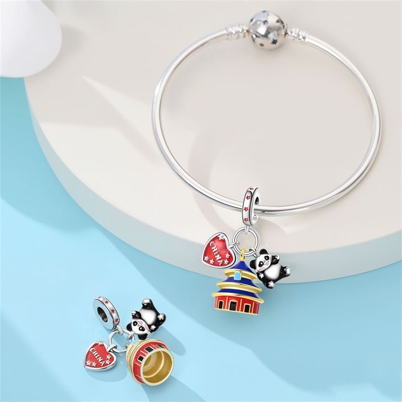 Amarante Jewelry China Temple, Panda & Heart Flag Dangle Charm