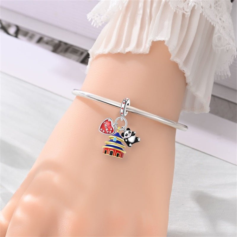 Amarante Jewelry China Temple, Panda & Heart Flag Dangle Charm