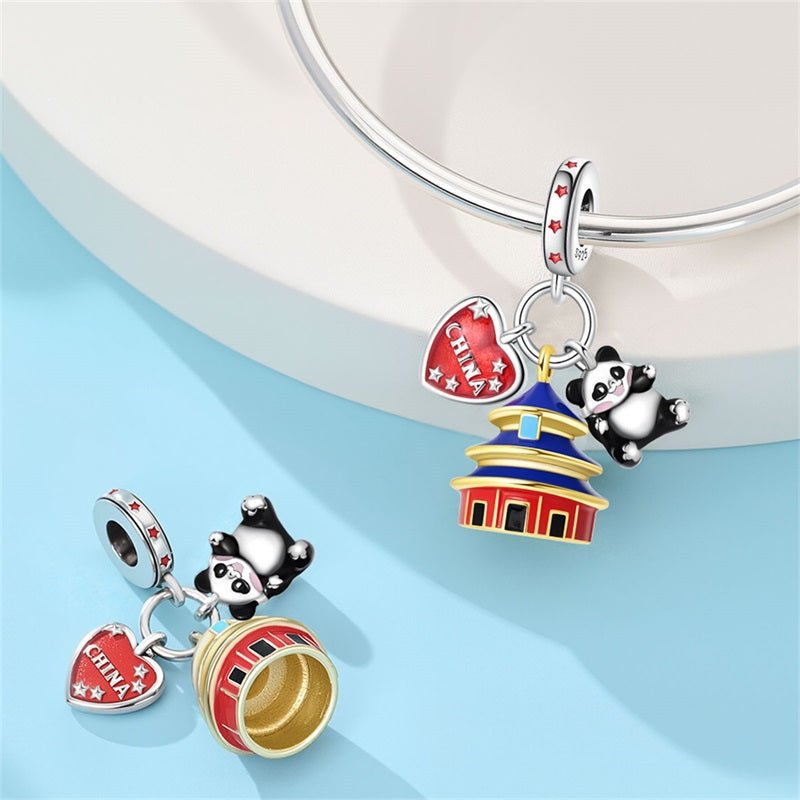 Amarante Jewelry China Temple, Panda & Heart Flag Dangle Charm