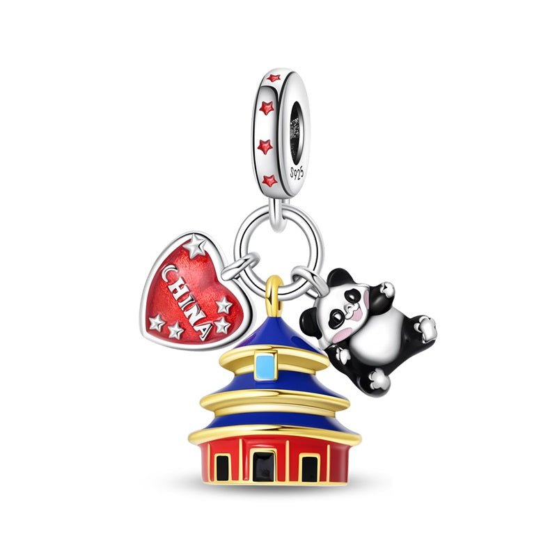 Amarante Jewelry China Temple, Panda & Heart Flag Dangle Charm