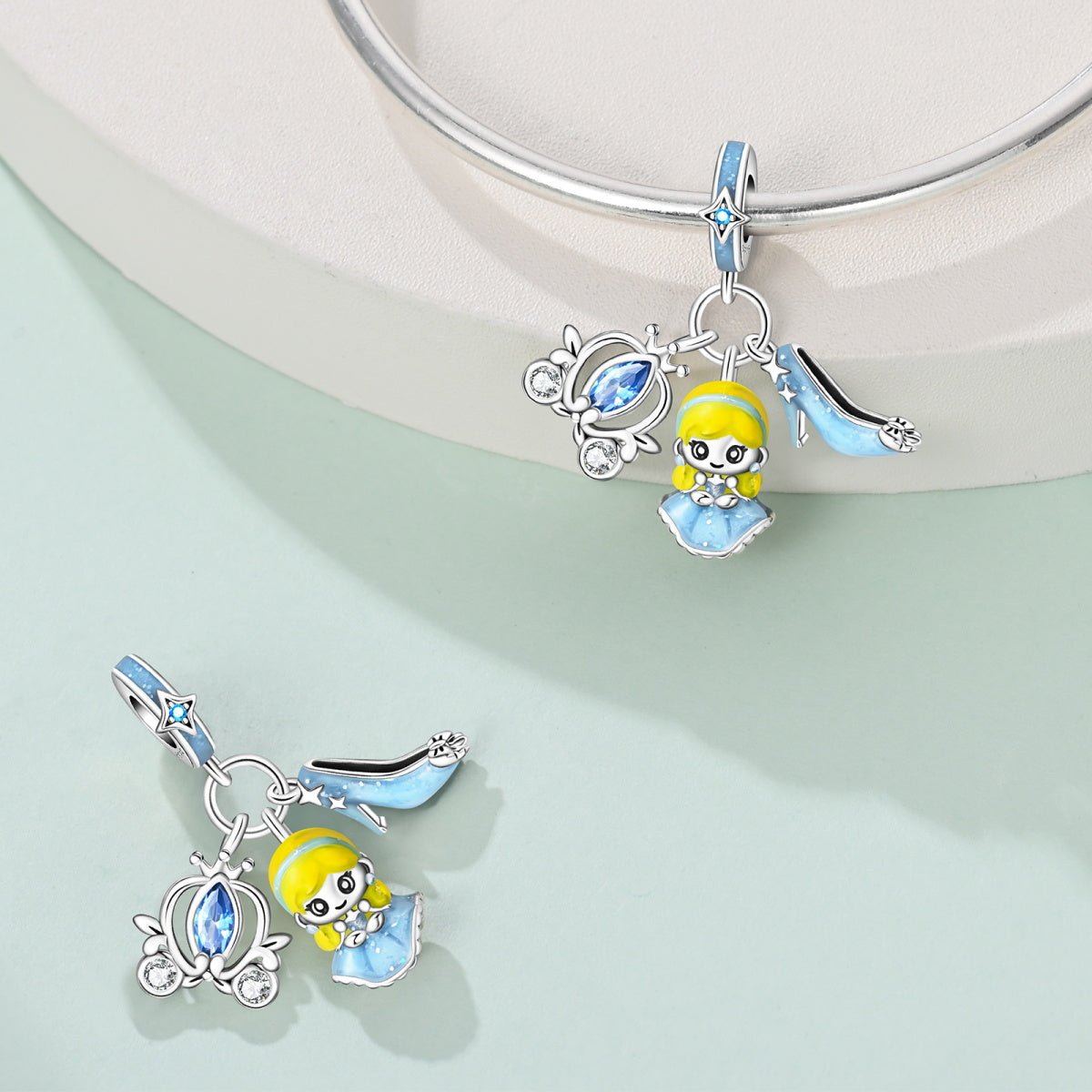 Amarante Jewelry Cinderella with Blue Dress, Glass Slipper, & Carriage Dangle Charm
