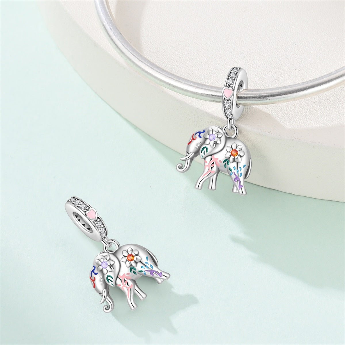 Amarante Jewelry Colorful Elephant with Floral Accents Dangle Charm