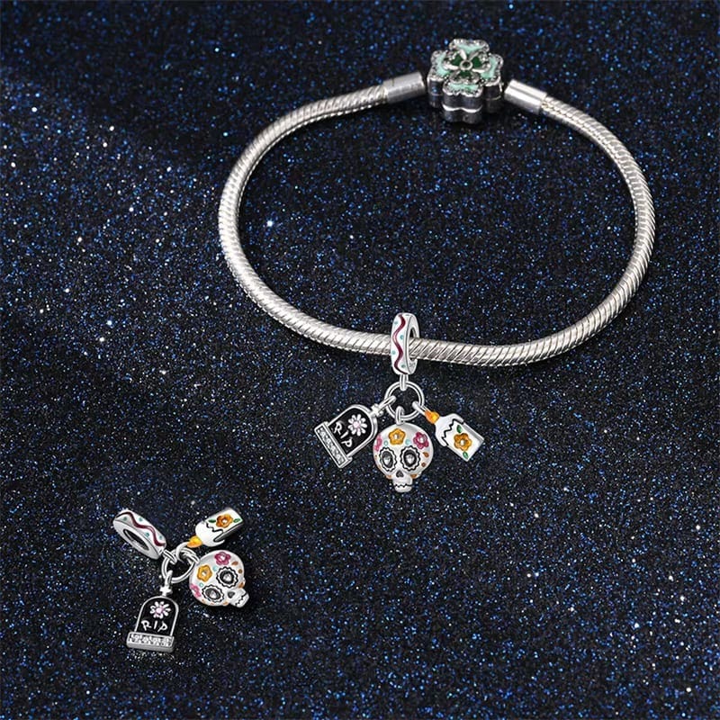 Amarante Jewelry Día de los Muertos Charm, Skull, Candle, and RIP Gravestone