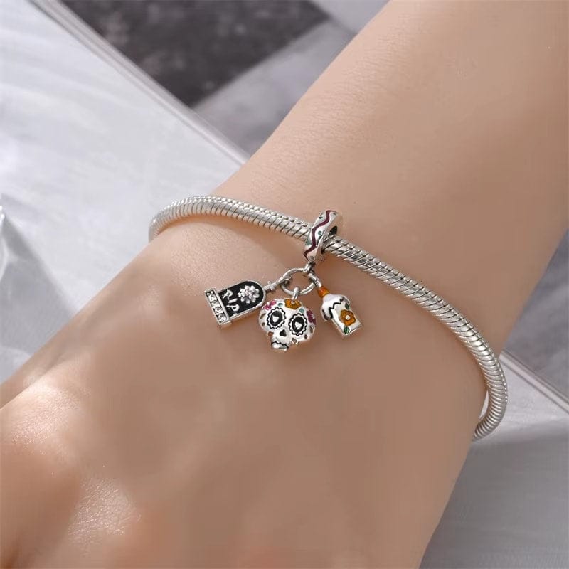 Amarante Jewelry Día de los Muertos Charm, Skull, Candle, and RIP Gravestone