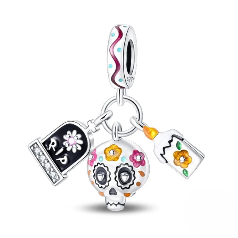Amarante Jewelry Día de los Muertos Charm, Skull, Candle, and RIP Gravestone