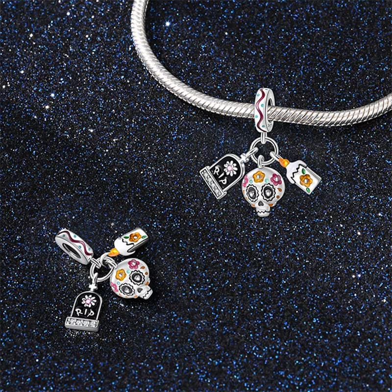Amarante Jewelry Día de los Muertos Charm, Skull, Candle, and RIP Gravestone