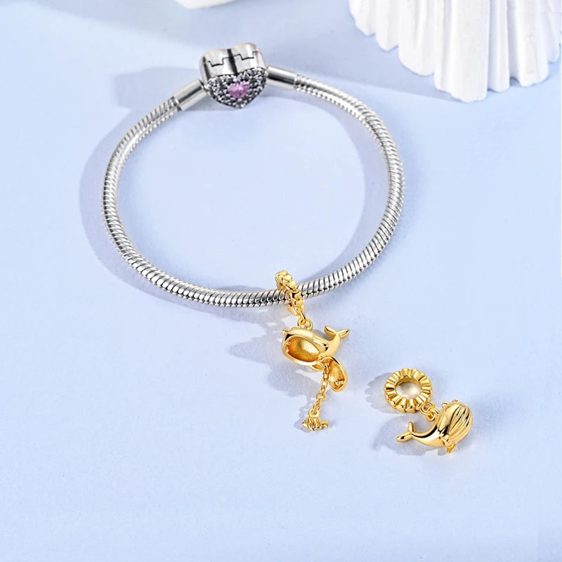 Gold Whale & Fish Dangle Charm