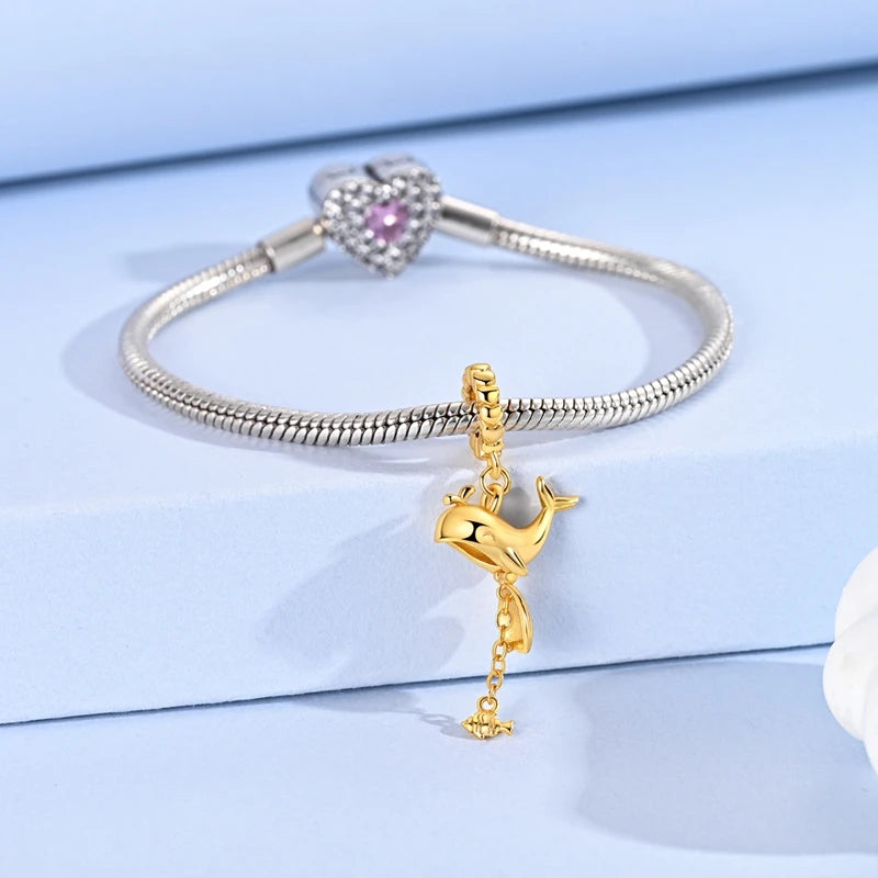 Gold Whale & Fish Dangle Charm