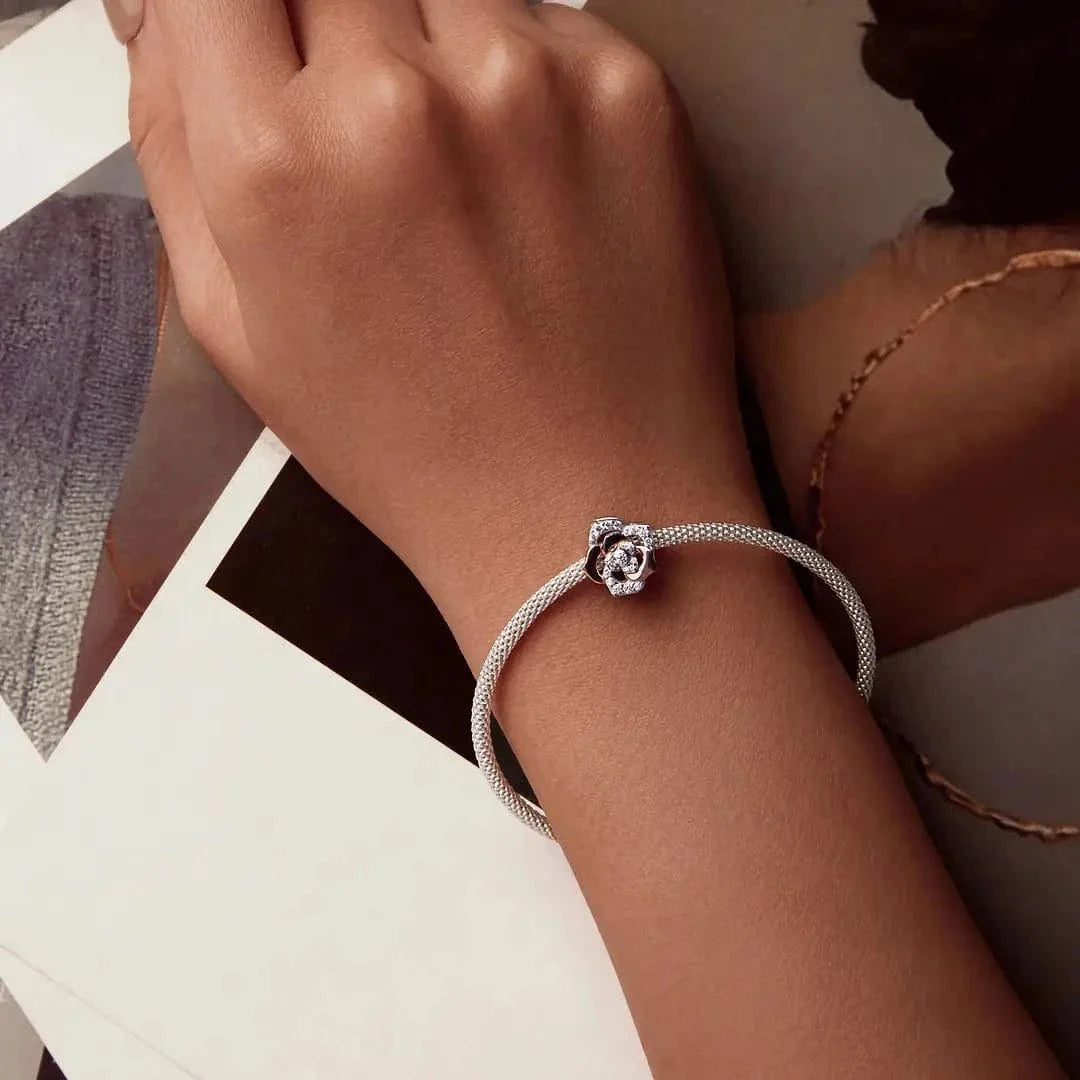 Amarante Jewelry Elegant Rose Gold Bloom with Sparkling Crystal Petals Charm