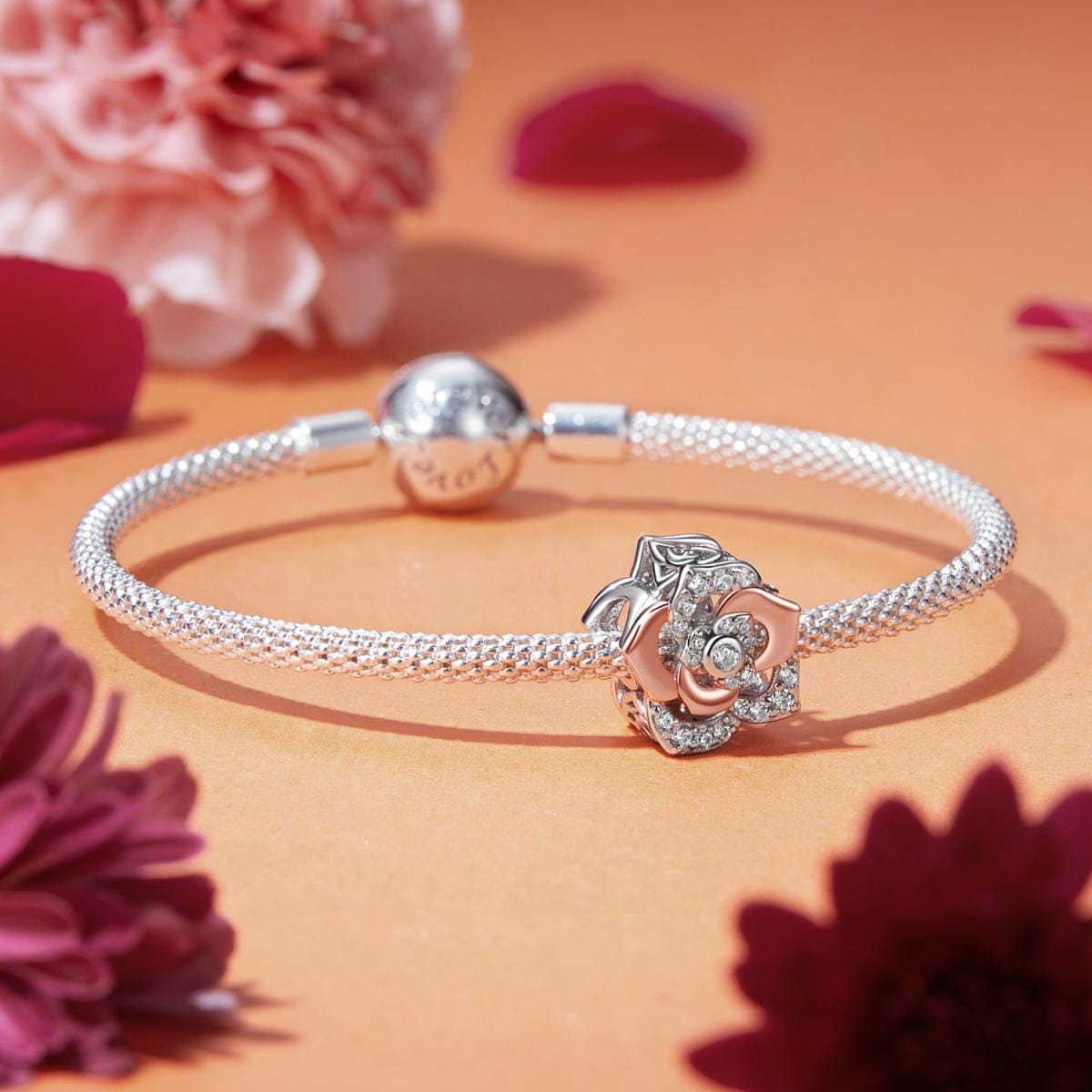 Amarante Jewelry Elegant Rose Gold Bloom with Sparkling Crystal Petals Charm