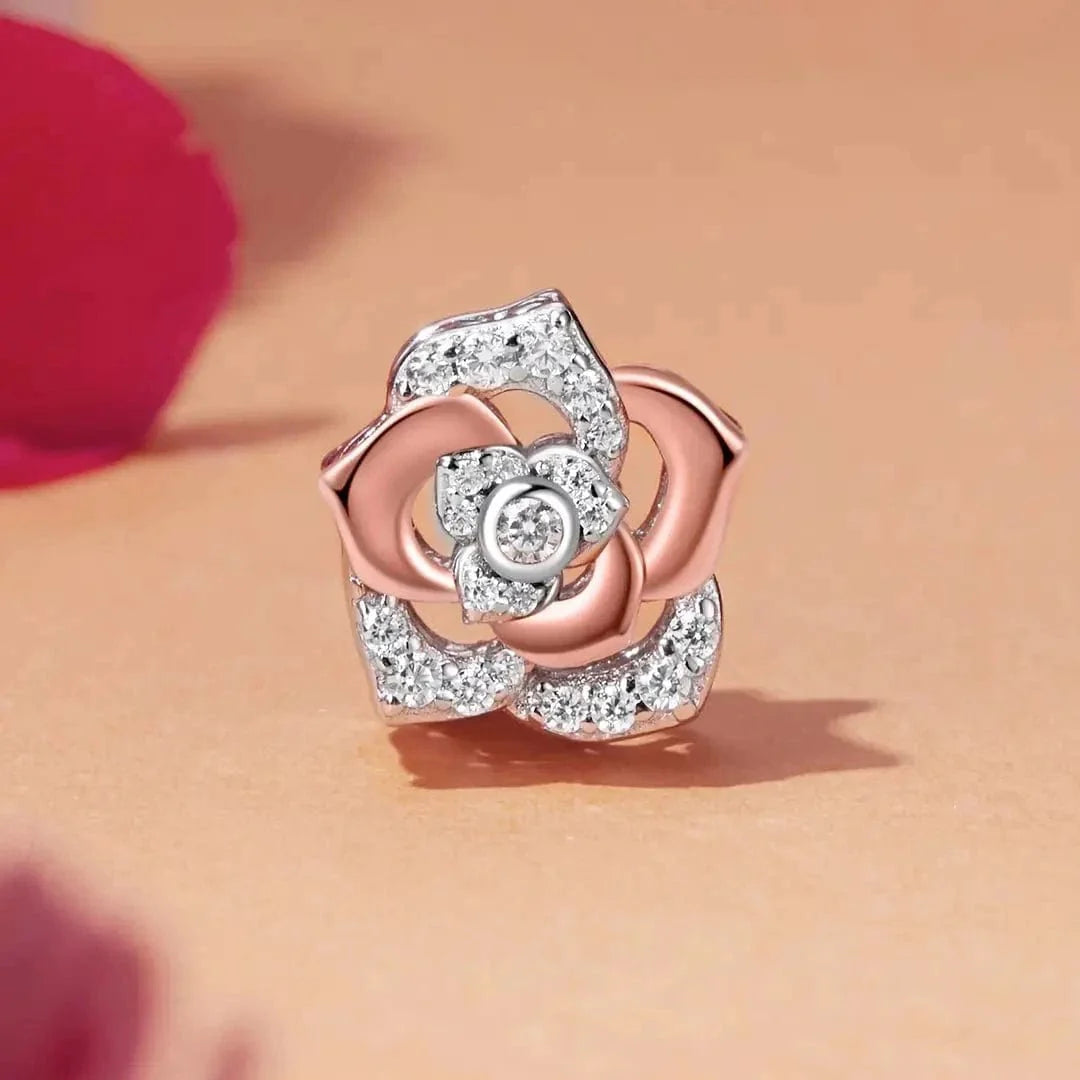 Amarante Jewelry Elegant Rose Gold Bloom with Sparkling Crystal Petals Charm