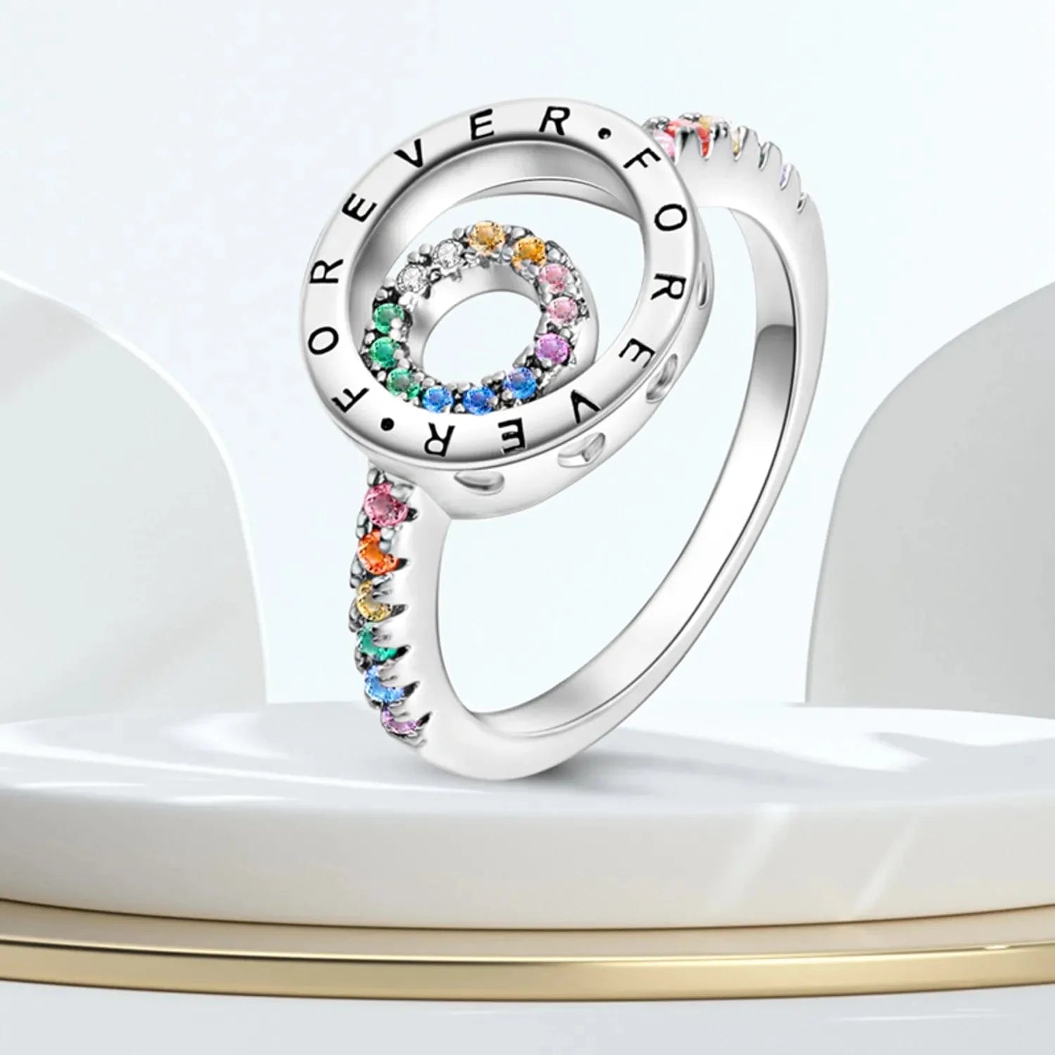 Amarante Jewelry Elegant Sparkling Round Family Forever Rainbow Stone Ring