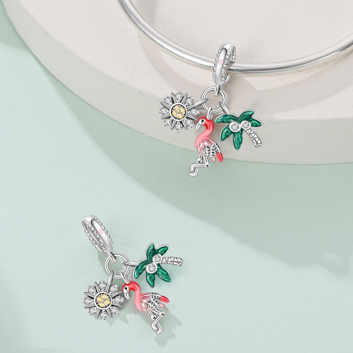 Amarante Jewelry Flamingo, Palm Tree & Sunflower Triple Dangle Charm