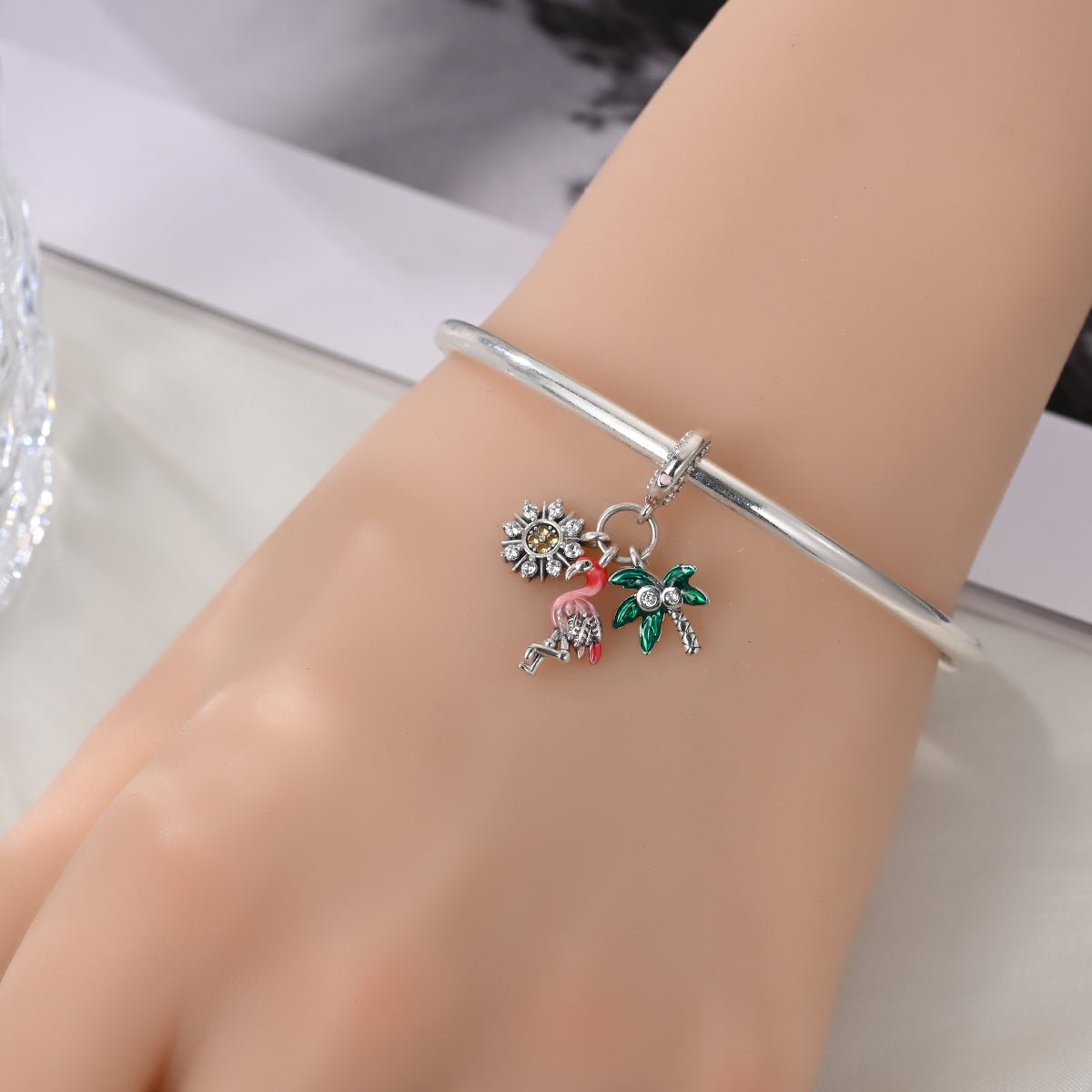 Amarante Jewelry Flamingo, Palm Tree & Sunflower Triple Dangle Charm