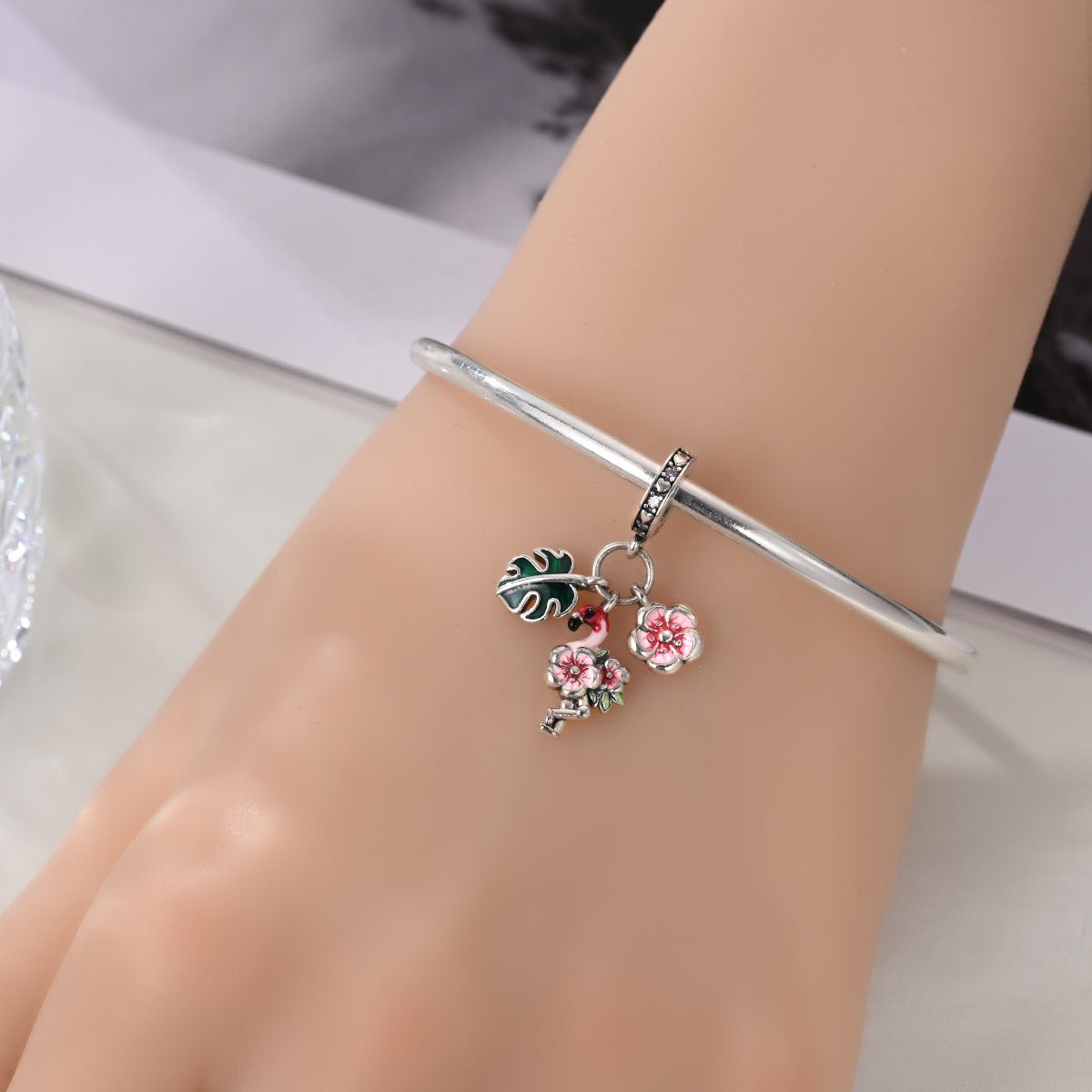 Amarante Jewelry Flamingo, Tropical Leaves & Blossom Flowers Triple Dangle Charm