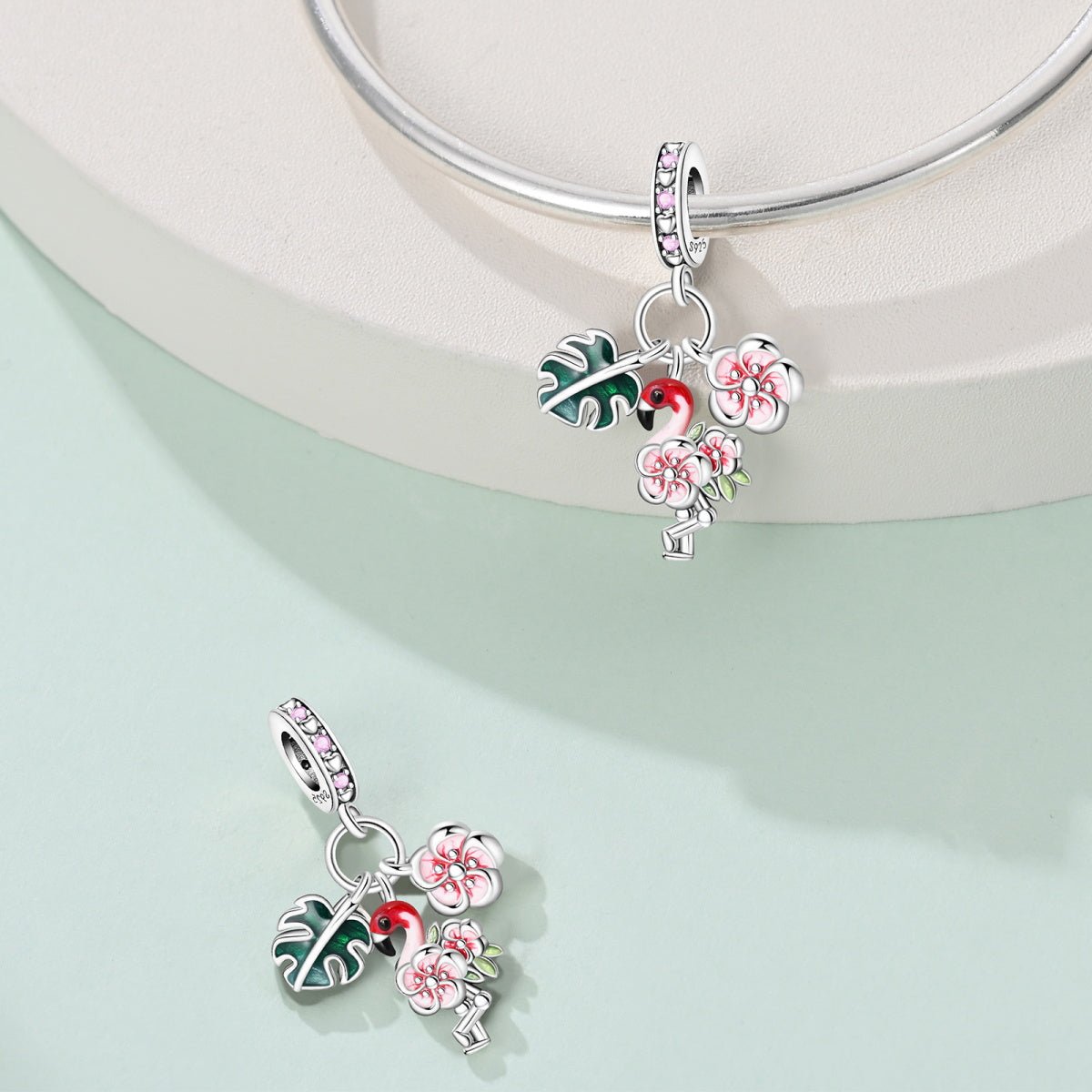 Amarante Jewelry Flamingo, Tropical Leaves & Blossom Flowers Triple Dangle Charm