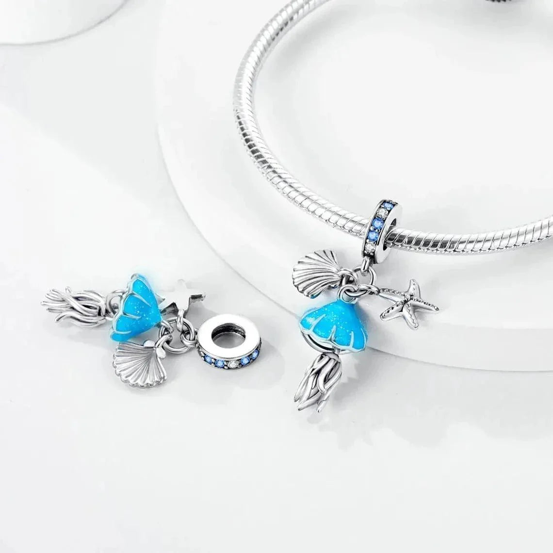Amarante Jewelry Glow in the Dark Jellyfish Clam and Starfish Triple Dangle Charm