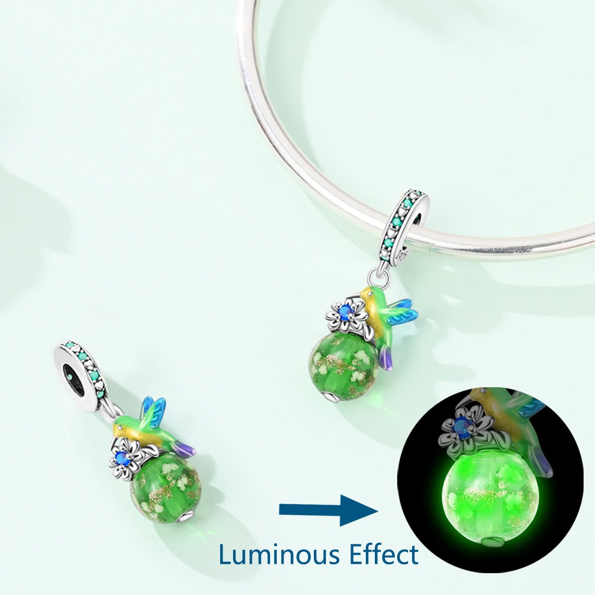 Amarante Jewelry Glow in the Dark Luminous Hummingbird & Flower Dangle Charm