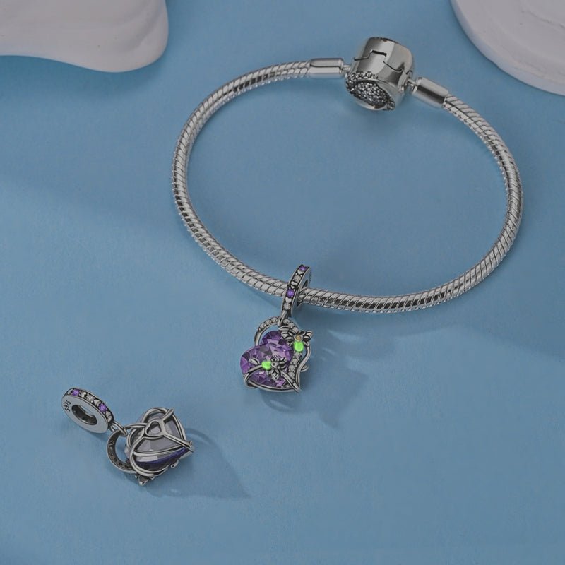 Amarante Jewelry Glow in the Dark Luminous Purple Crystal Heart with Floral Vine Dangle Charm