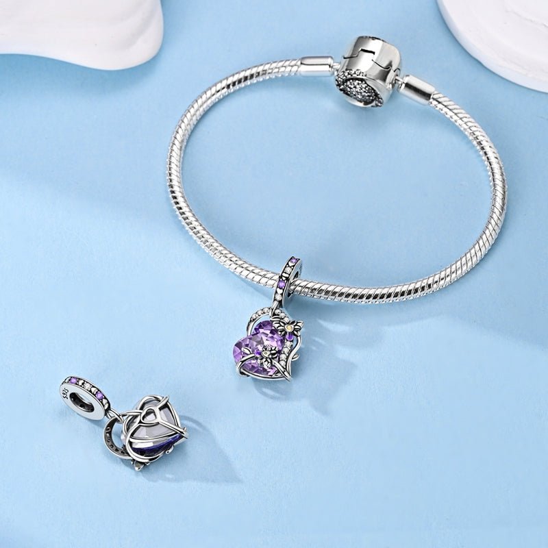 Amarante Jewelry Glow in the Dark Luminous Purple Crystal Heart with Floral Vine Dangle Charm