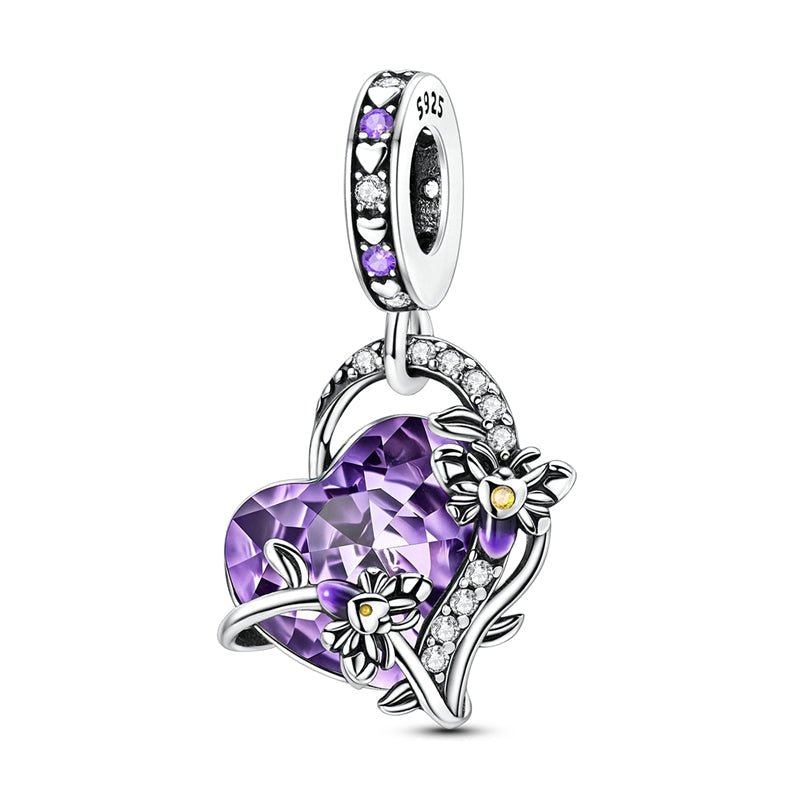 Amarante Jewelry Glow in the Dark Luminous Purple Crystal Heart with Floral Vine Dangle Charm
