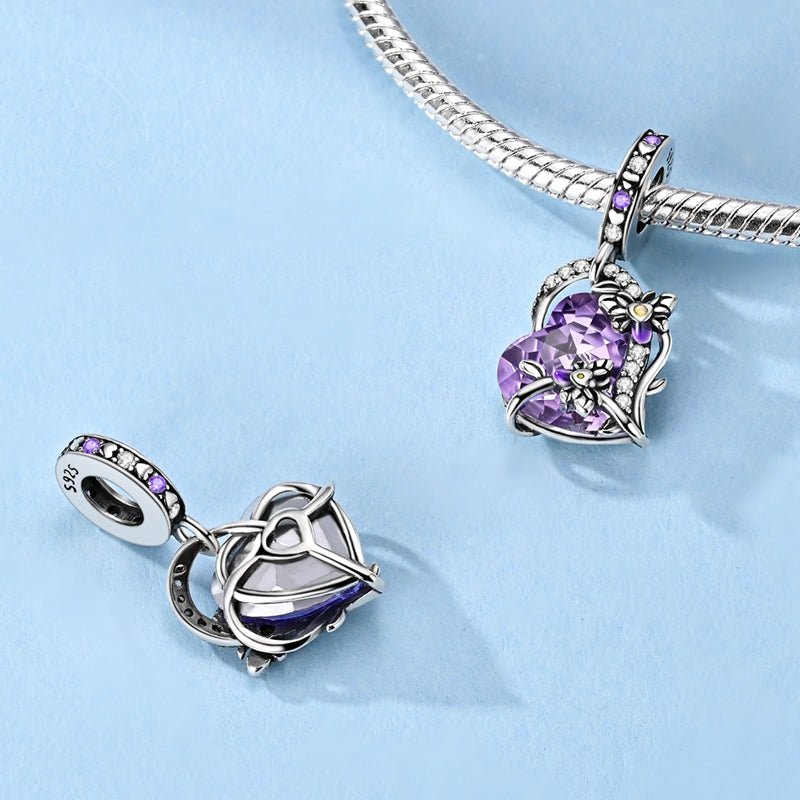 Amarante Jewelry Glow in the Dark Luminous Purple Crystal Heart with Floral Vine Dangle Charm