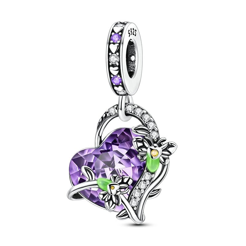 Amarante Jewelry Glow in the Dark Luminous Purple Crystal Heart with Floral Vine Dangle Charm