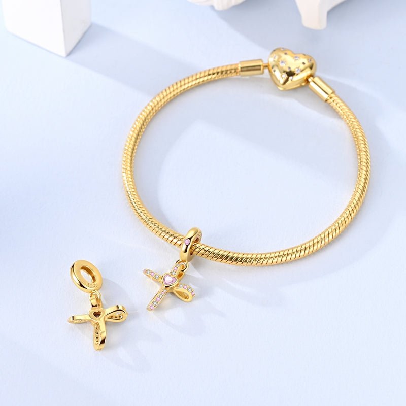 Amarante Jewelry Gold Cross with Pink Heart Dangle Charm