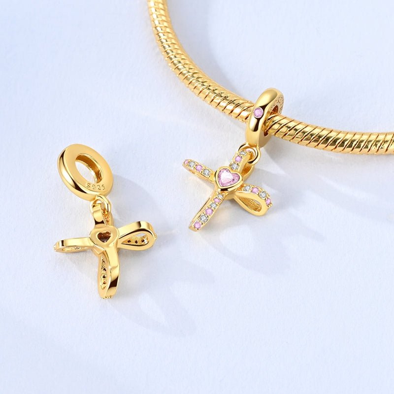 Amarante Jewelry Gold Cross with Pink Heart Dangle Charm
