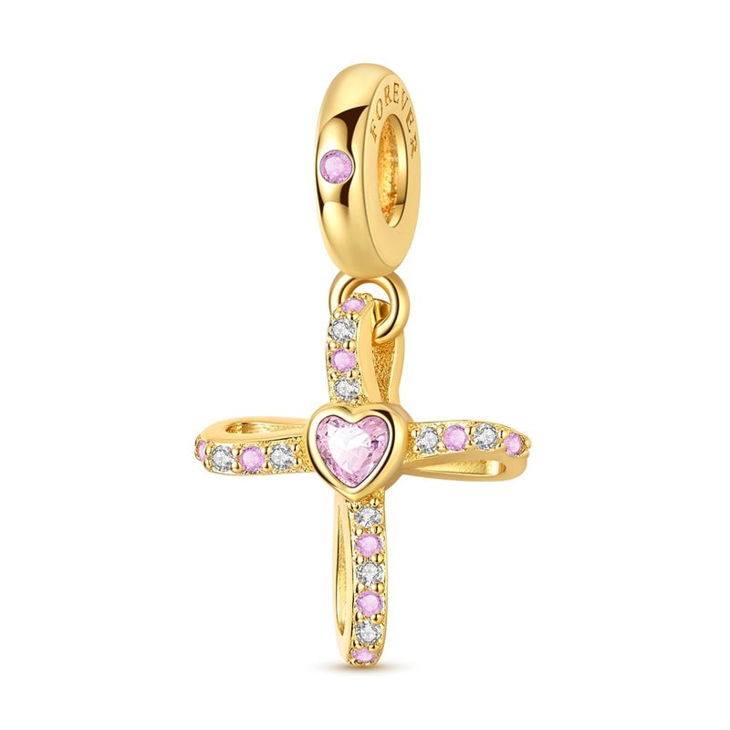 Amarante Jewelry Gold Cross with Pink Heart Dangle Charm