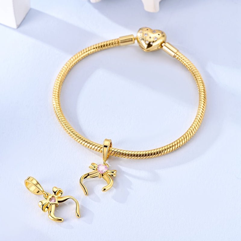 Amarante Jewelry Gold Ribbon Bow with Pink Heart Dangle Charm