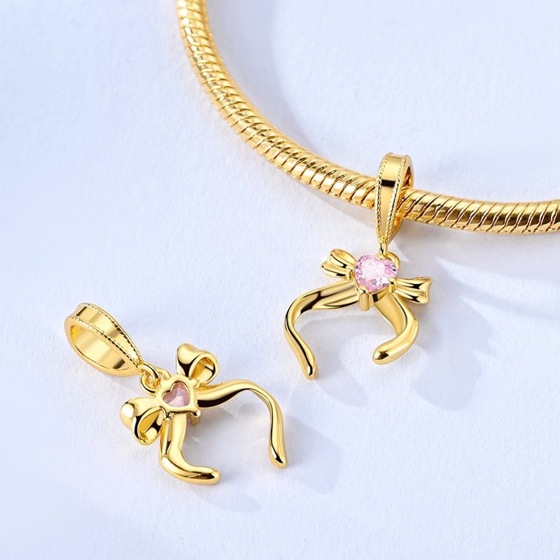 Amarante Jewelry Gold Ribbon Bow with Pink Heart Dangle Charm